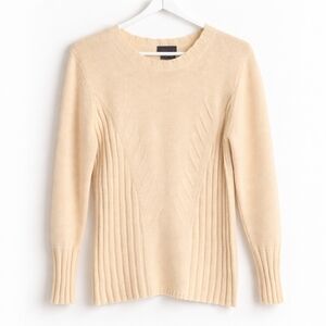Advance Cream Ribbed Chevron Knit Crewneck Merino Wool Sweater Soft Long Sleeves